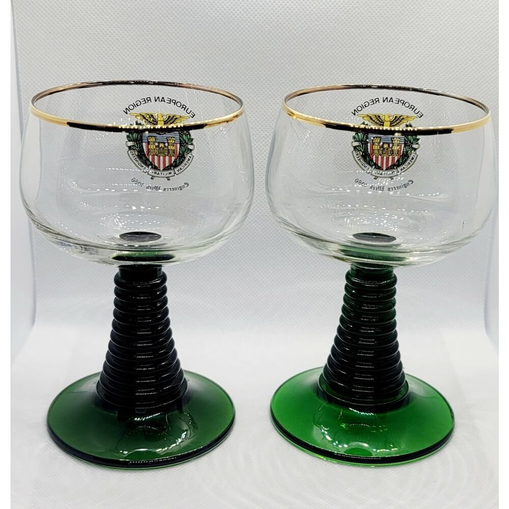 Vtg 2 Wine Glass Goblet Gold Trim Green Swirl Stem Engineers Oberammerg Germany - Picture 4 of 7